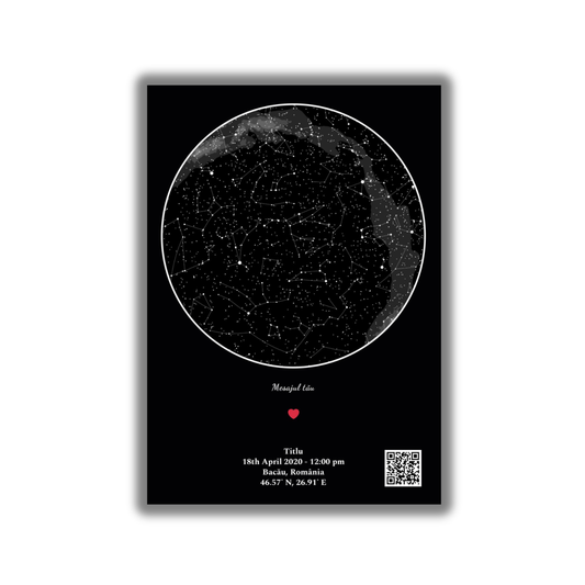 Harta Stelelor – Tabloul Personalizat care păstrează cerul exact dintr-un moment care ți-a rămas în suflet.