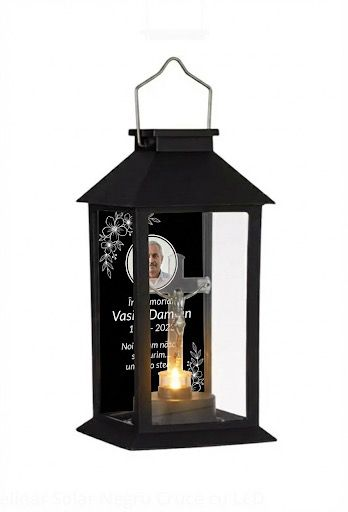 Felinar Personalizat – Veioză LED Decorativă cu incarcare Solara (Memorial) 14x14x28cm
