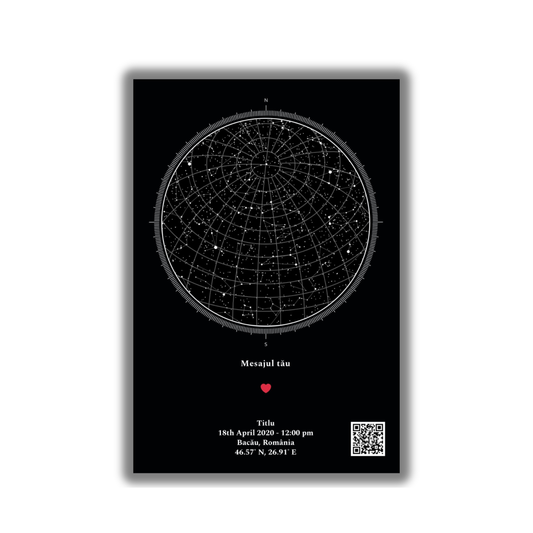 Harta Stelelor – Tabloul Personalizat care păstrează cerul exact dintr-un moment care ți-a rămas în suflet.