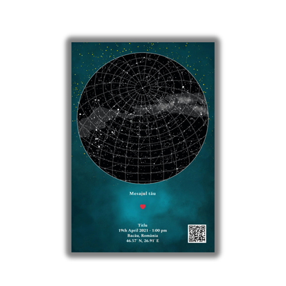 Harta Stelelor – Tabloul Personalizat care păstrează cerul exact dintr-un moment care ți-a rămas în suflet.