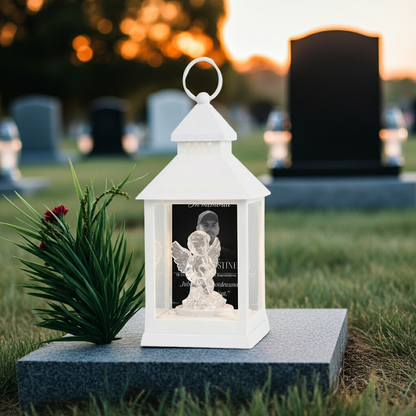 Felinar Personalizat  cu Ingeras – Veioză LED Decorativă pe Baterii (Memorial) 10x10x24cm