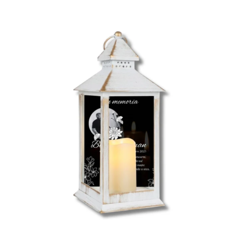 Felinar Personalizat – Veioză LED Decorativă pe Baterii (Memorial) 11x11x24cm