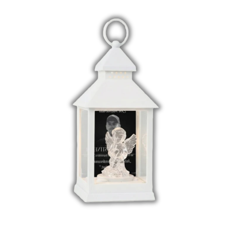 Felinar Personalizat  cu Ingeras – Veioză LED Decorativă pe Baterii (Memorial) 10x10x24cm