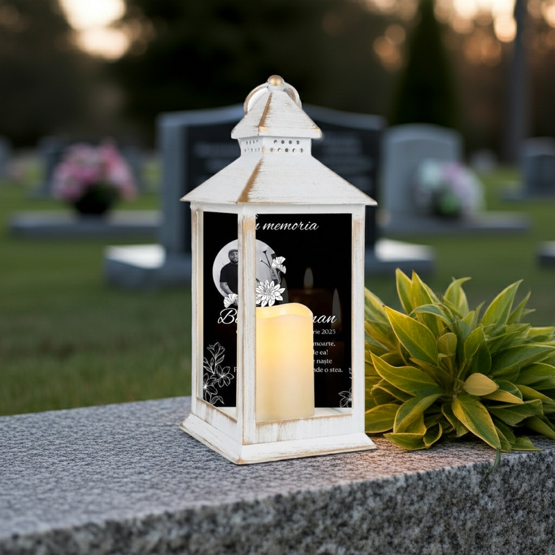 Felinar Personalizat – Veioză LED Decorativă pe Baterii (Memorial) 11x11x24cm