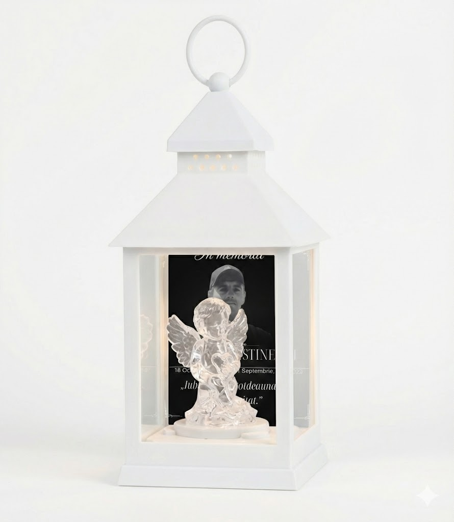 Felinar Personalizat  cu Ingeras – Veioză LED Decorativă pe Baterii (Memorial)