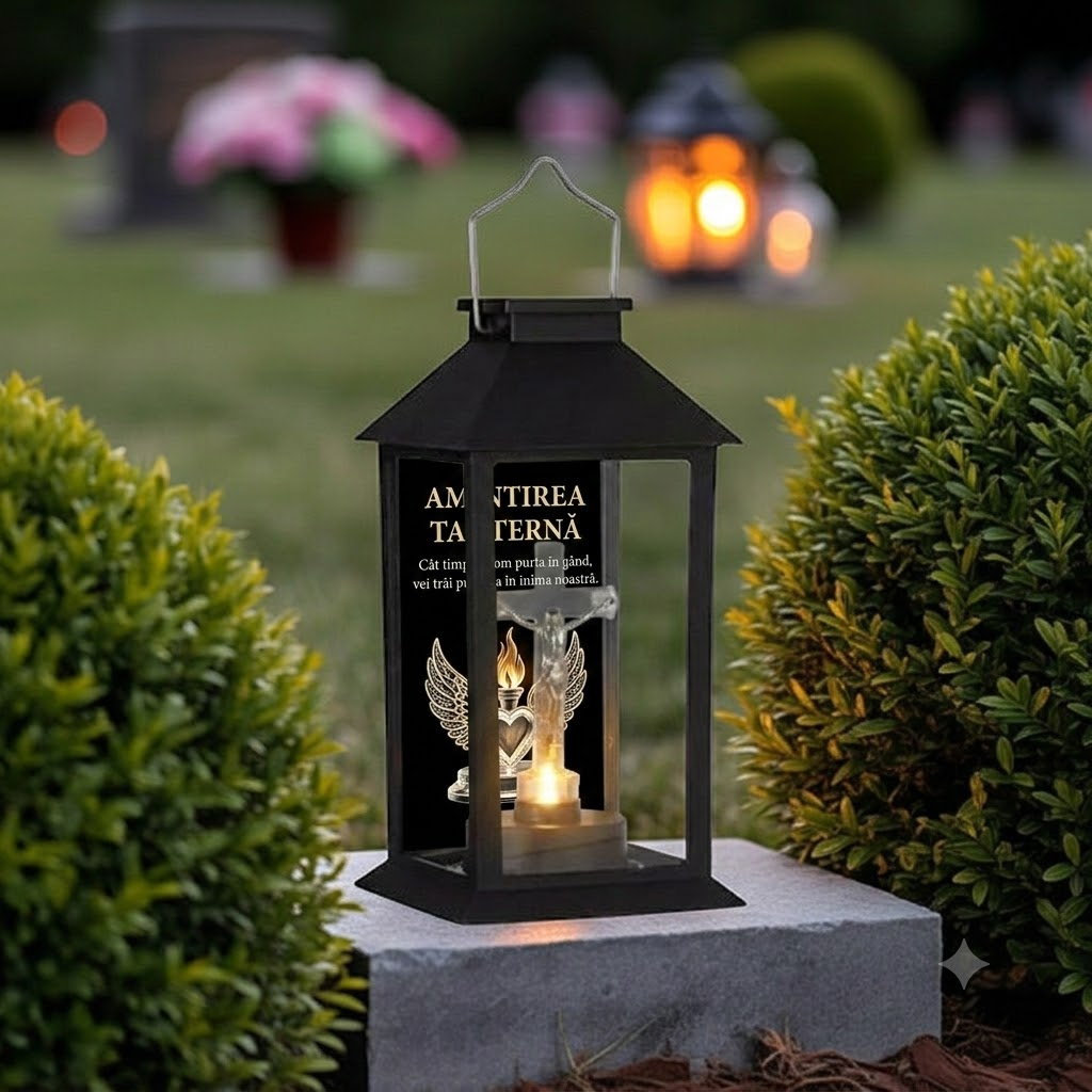 Felinar Personalizat  cu incarcare Solara - Mesaj IN MEMORIA -  14x14x28cm
